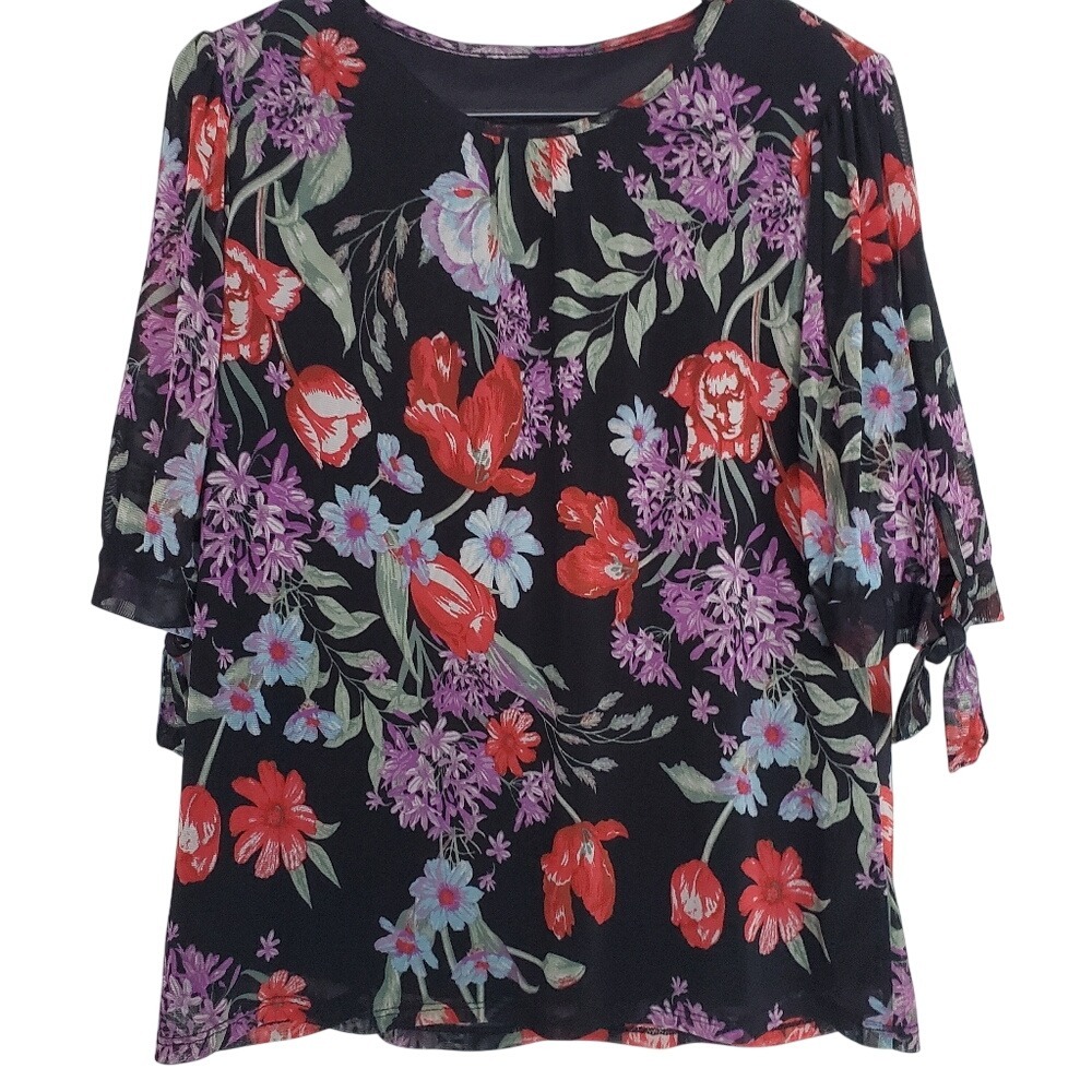 Kasper Floral Blouse Black Red Purple Mesh Overlay Tie Sleeve Top Small